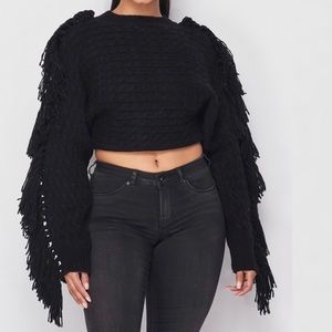 Black Fringe Knit Sweater Top